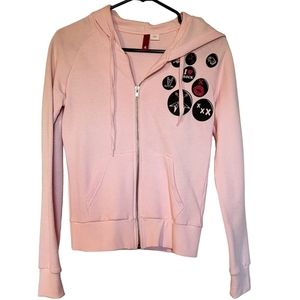 Y2K DIVIDED BY H&M Light Pink Hoodie Skulls Stars Guitars Graphic Buttons Size 4